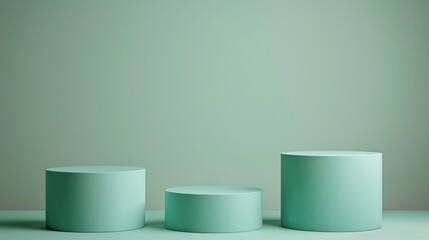 Three round podiums in mint mambo tones on an empty background, perfect for minimalist product presentation. Ideal for showcasing beauty, fashion, or lifestyle items in a clean, modern setting.