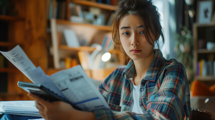 Student Analyzing Financial Reports in Cozy Home Office, Education, Study, Learning, Financial Analysis, Budgeting, Accounting, Home Study Environment