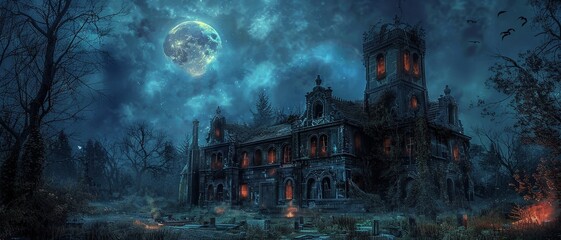 Fototapeta premium A spooky, gothic mansion under a full moon. The building is dark and mysterious, with tall towers and a foreboding presence.