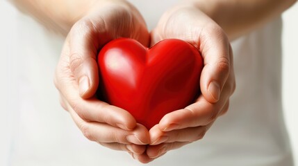 Fototapeta premium A heart symbol with hands gently holding it, promoting cardiac care