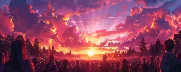 Obraz premium A vibrant sunset with colorful clouds over a silhouetted forest.