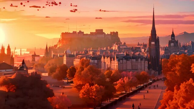 Painting of City With Castle in Background, View of Edinburgh Castle, Balmoral Hotel, and Princes Street from Calton Hill at golden hour