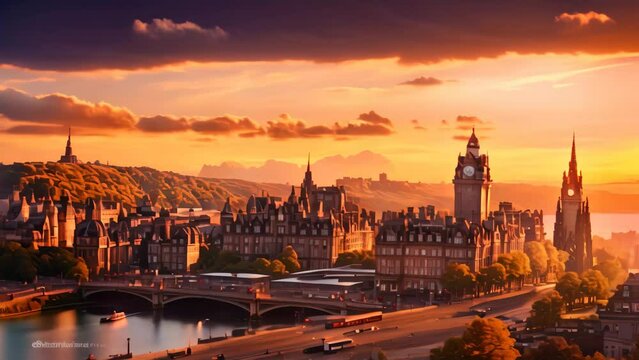 A stunning view of a city with a prominent bridge stretching across it, View of Edinburgh Castle, Balmoral Hotel, and Princes Street from Calton Hill at golden hour