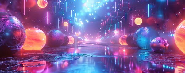Fototapeta premium Abstract digital art of glowing orbs and light streaks in a futuristic landscape.