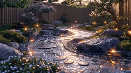 Fototapeta premium A garden path with a stream of water and rocks