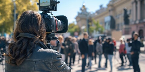 A female videographer is seen recording a city protest with her professional camera, highlighting her role in documenting social movements and ensuring media coverage of public events.