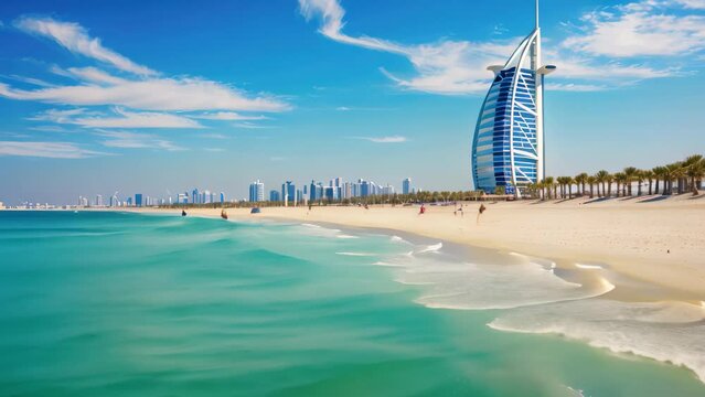 An Video of a beautiful beach with a strikingly tall building standing in the background, View of the luxury beach of Dubai and Burj al Arab