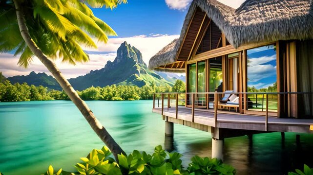 Picture of a house situated on the water, with a palm tree standing in front of it, Vista Bungalow Bora Bora