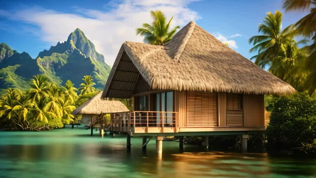 This Video features a traditional hut with a thatched roof, perched on the edge of the water, Vista Bungalow Bora Bora