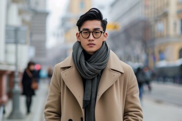Portrait of fashionably dressed asian tourist in stylish glasses walking in center of capital