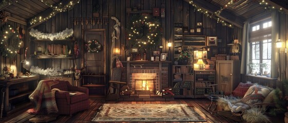 Naklejka premium Cozy cabin living room with fireplace and snowy mountain view.