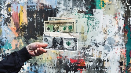 Fototapeta premium Contemporary art collage Conceptual image with human hand holding money cheque Financial business support Concept of business career development success creativity money : Generative AI