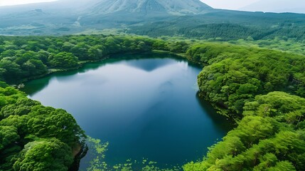 Obraz premium Aerial view of lush green forest surrounding a volcanic lake Lake Saiko Yamanashi Japan : Generative AI