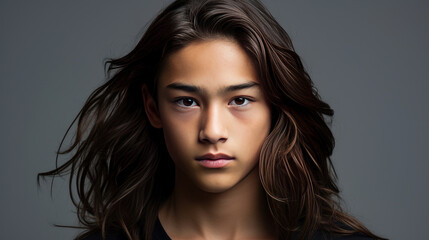 Naklejka premium Portrait of a cute handsome happy Asian teenager guy with long hair and perfect skin, gray background, banner.