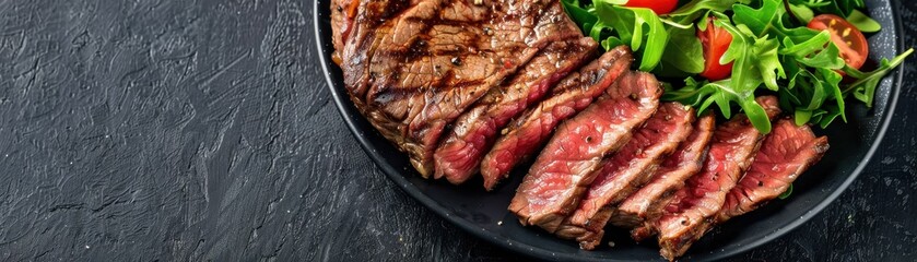 Fototapeta premium Close-up of a perfectly grilled steak with fresh arugula and tomato salad on a black plate. Ideal for culinary and food photography projects.