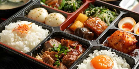 Close Up of Japanese Bento Box with White Rice, Meat, and Eggs