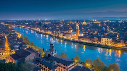 Fototapeta premium Verona Italy high angle view night city skyline at Adige river and Verona Cathedral : Generative AI