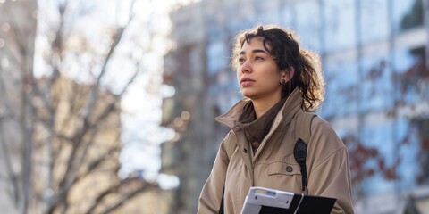 A young woman stands outside holding a device, her thoughtful gaze indicating deep contemplation or waiting in an urban outdoor setting.