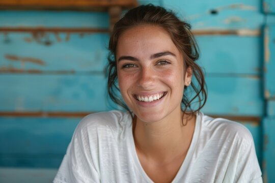 Portrait of happy authentic young woman without makeup smiling at camera