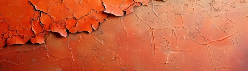 Fototapeta premium Close-up of weathered red paint peeling off a textured wall, revealing layers underneath. Perfect for backgrounds or abstract art themes.