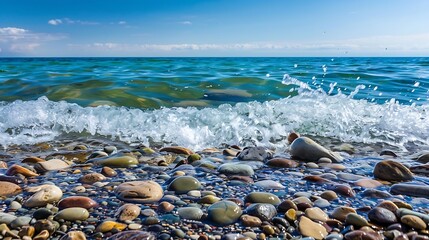 Lake Michigan lake superior great lakes petosky stones clear bright blue water with a light blue sky rocky beach Rough waves : Generative AI