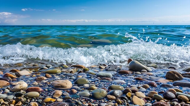 Lake Michigan lake superior great lakes petosky stones clear bright blue water with a light blue sky rocky beach Rough waves : Generative AI