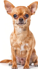 Obraz premium A small brown dog is sitting in white studio , waiting for the command