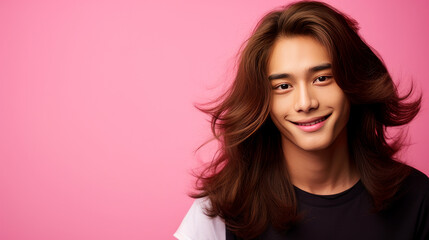 Fototapeta premium Portrait of a cute handsome happy Asian teenager guy with long hair and perfect skin, pink background, banner.