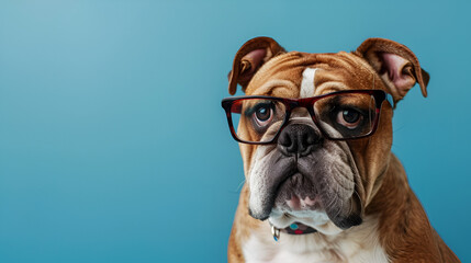 Obraz premium A Cute Dog with Glasses in the Studio Spotlight,Photo of a Bulldog dog usiCute bulldog, puppy dog wearing color shades sunglass eyeglass isolated on retro bng eyeglasses isolated on white background 