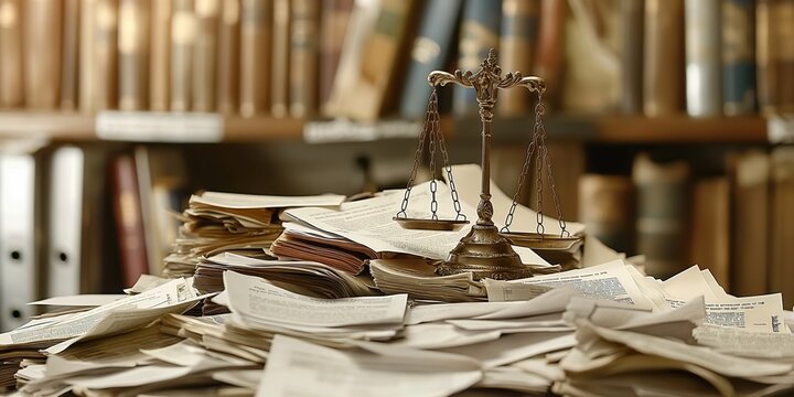 A set of balancing scales stands prominently amidst a cluttered stack of documents in an office, representing the concept of justice and the often chaotic nature of legal work.
