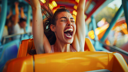 Excited young woman on a roller coaster ride with arms raised and mouth open in a joyful scream. The vibrant colors and dynamic motion capture the thrill of the amusement park.