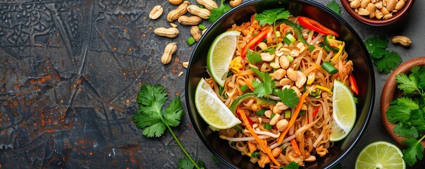 Authentic pad thai, lime slices, roasted peanuts, Thai street food, colorful dish, savory noodles, traditional recipe, fresh herbs garnish