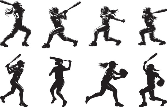 Softball Player Silhouettes and SVG Vectors for Creative Projects.