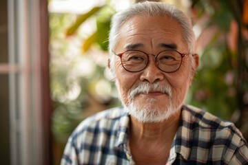 Portrait of Joyful Elderly Asian Man with Glasses looking at camera