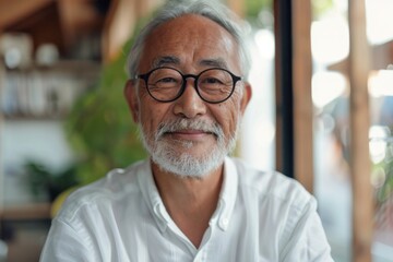 Obraz premium Portrait of Joyful Elderly Asian Man with Glasses looking at camera
