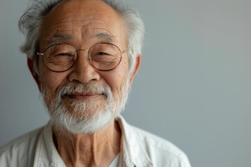 Portrait of Joyful Elderly Asian Man with Glasses looking at camera