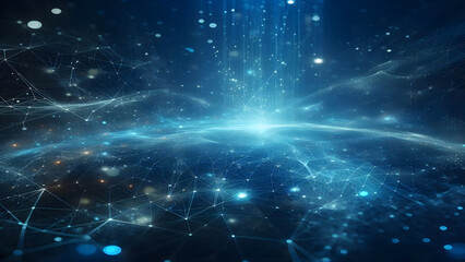 Blue abstract background with network grid and particles