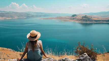 Naklejka premium Woman admiring the magnificent view of Salda Lake The woman sits against the view and poses with her hat Salda Lake Burdur Turkey : Generative AI