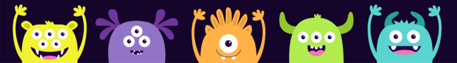 Happy Halloween. Monster set. Five colorful face head silhouette icon line. Eyes, tooth fang, tongue, hands up. Cute cartoon kawaii scary funny baby character. Flat design. Black background. Vector