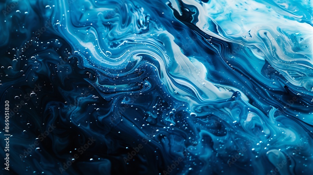 Leinwandbilder intense dark and light blue ink swirls with speckles of white creating an abstract oceanic texture w