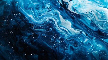 Intense dark and light blue ink swirls with speckles of white creating an abstract oceanic texture with bubbles scattered throughout : Generative AI