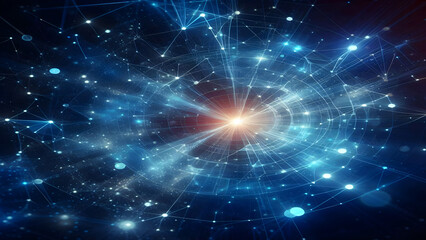 Fototapeta premium Blue abstract background with network grid and particles