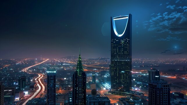 Kingdom of Saudi Arabia with a night view  Kingdom Tower  Riyadh skyline  Riyadh at night : Generative AI
