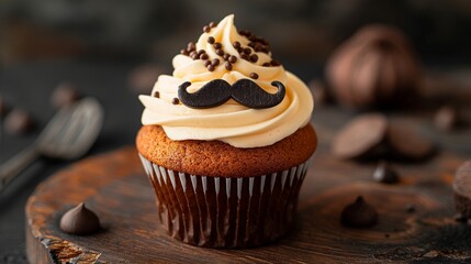 Muffin with a masculine theme with mustache decoration and cream. Concept for Father's Day, men's birthday.Muffins on a rough wooden board with chocolate.chocolate cupcake with chocolate frosting