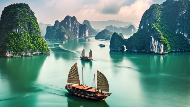 Halong bay, Vietnam. Famous tourist attraction in Vietnam. Asia travel, Beautiful landscape of Halong Bay viewed from above the Bo Hon Island