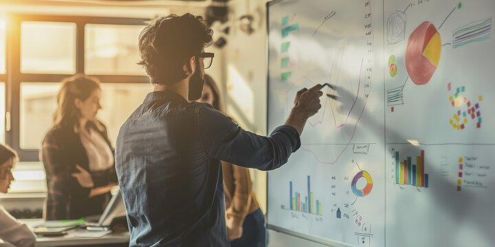 A man explains various data visualizations and charts on a whiteboard to a team of colleagues in a collaborative office setting, fostering teamwork and strategizing business plans.