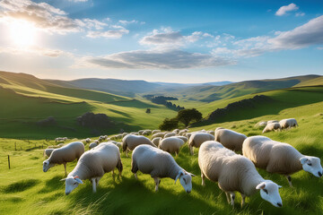 A serene image of sheep grazing on a green pasture, with rolling hills and a blue sky in the...