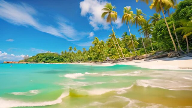 Beautiful beach at Seychelles, Praslin island, Beautiful tropical Barbados island, View of the golden beach with palms and crystal clear water