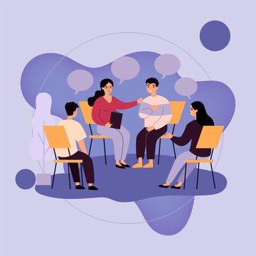 People suffering from problems, attending psychological support meeting. Patients sitting in circle, talking. Vector illustration for group therapy, counseling, psychology, help, conversation concept