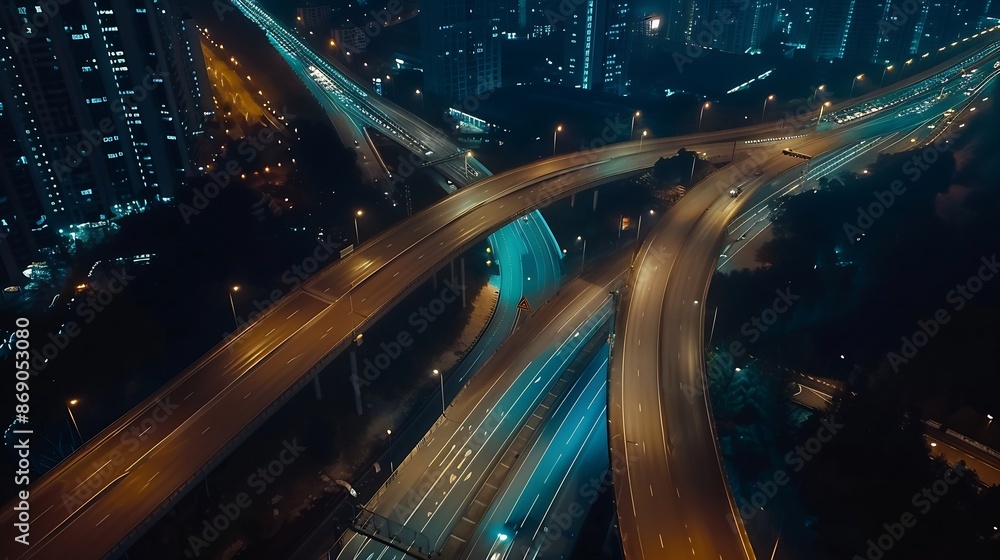 Poster top view and curvy of highway overpass with beautiful city background night scene : generative ai